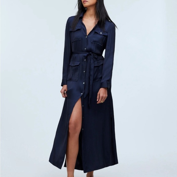 Madewell Button-Front Utility Shirtdress in Satin Deep Indigo Size Small NWT - Picture 1 of 15